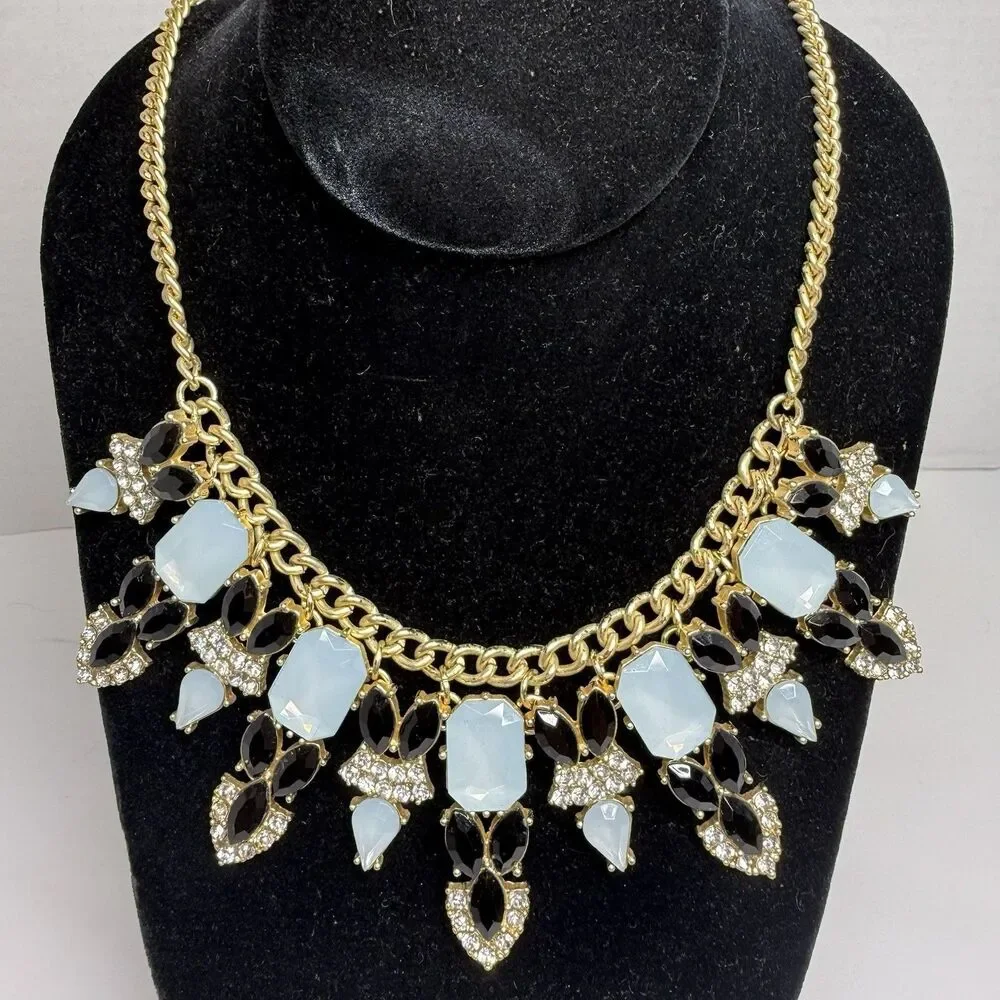 Talbots Blue And Black Rhinestone Gold Tone Chain Link Statement Necklace